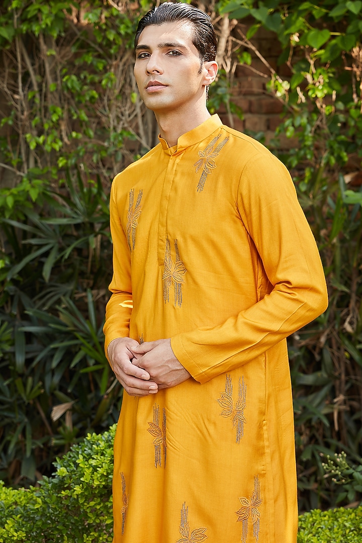 Mustard Cotton Silk Tussar Embroidered Kurta Set by Bohame Men at Pernia's Pop Up Shop
