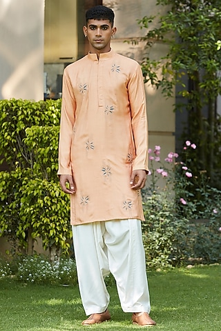 Rose Gold Cotton Silk Tussar Embroidered Kurta Set by Bohame Men