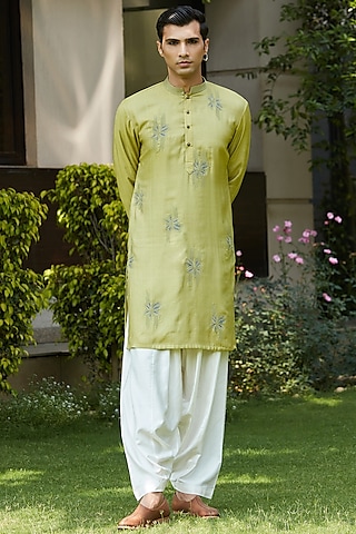 Sage Green Cotton Silk Tussar Embroidered Kurta Set by Bohame Men