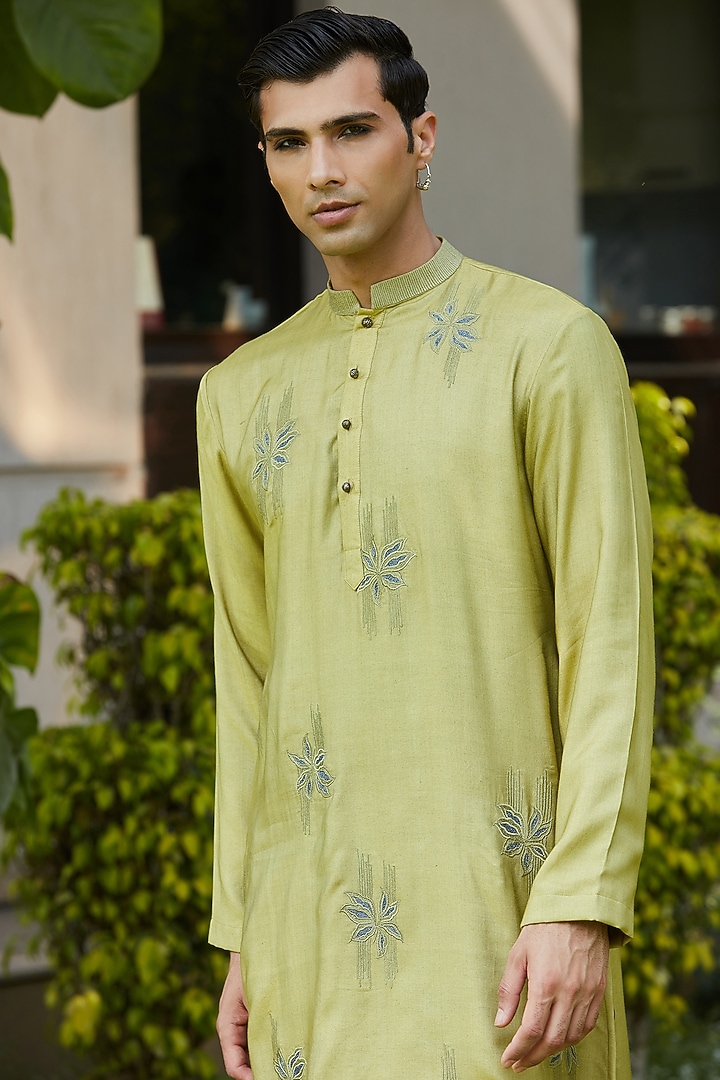 Sage Green Cotton Silk Tussar Embroidered Kurta Set by Bohame Men at Pernia's Pop Up Shop