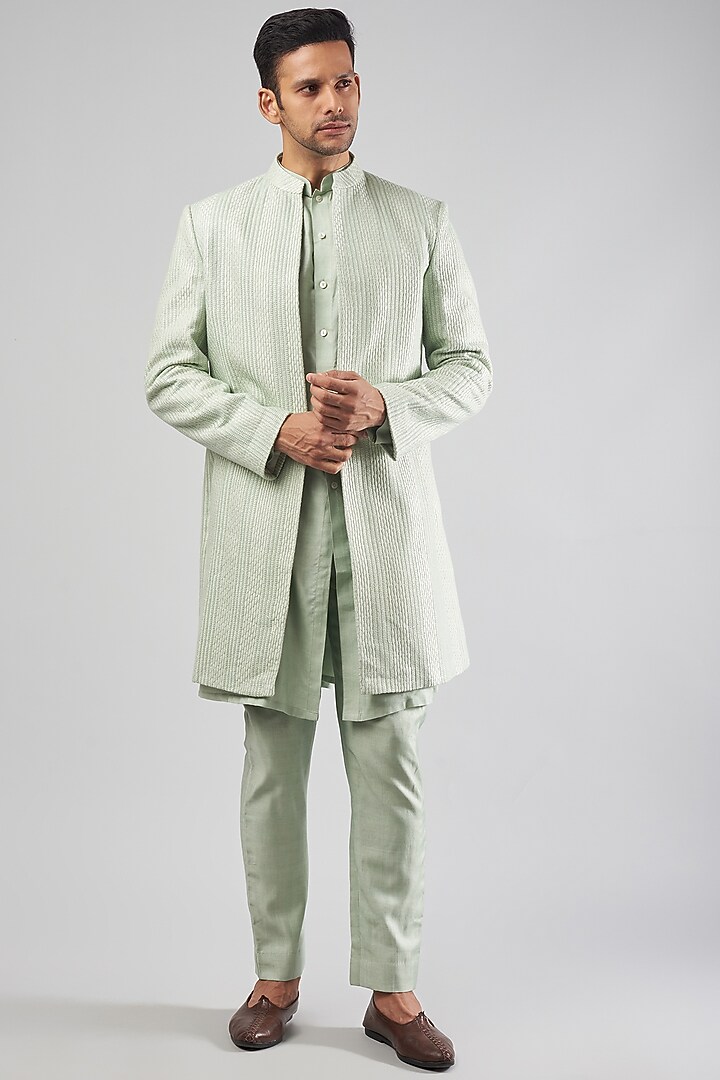 Pastel Green Georgette Embroidered Wedding Indowestern Set by Bohame Men at Pernia's Pop Up Shop