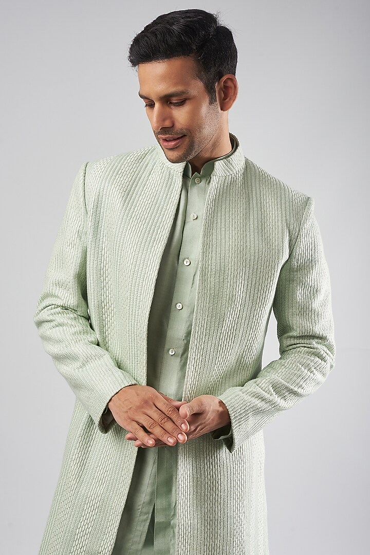 Pastel Green Georgette Embroidered Wedding Indowestern Set by Bohame Men at Pernia's Pop Up Shop