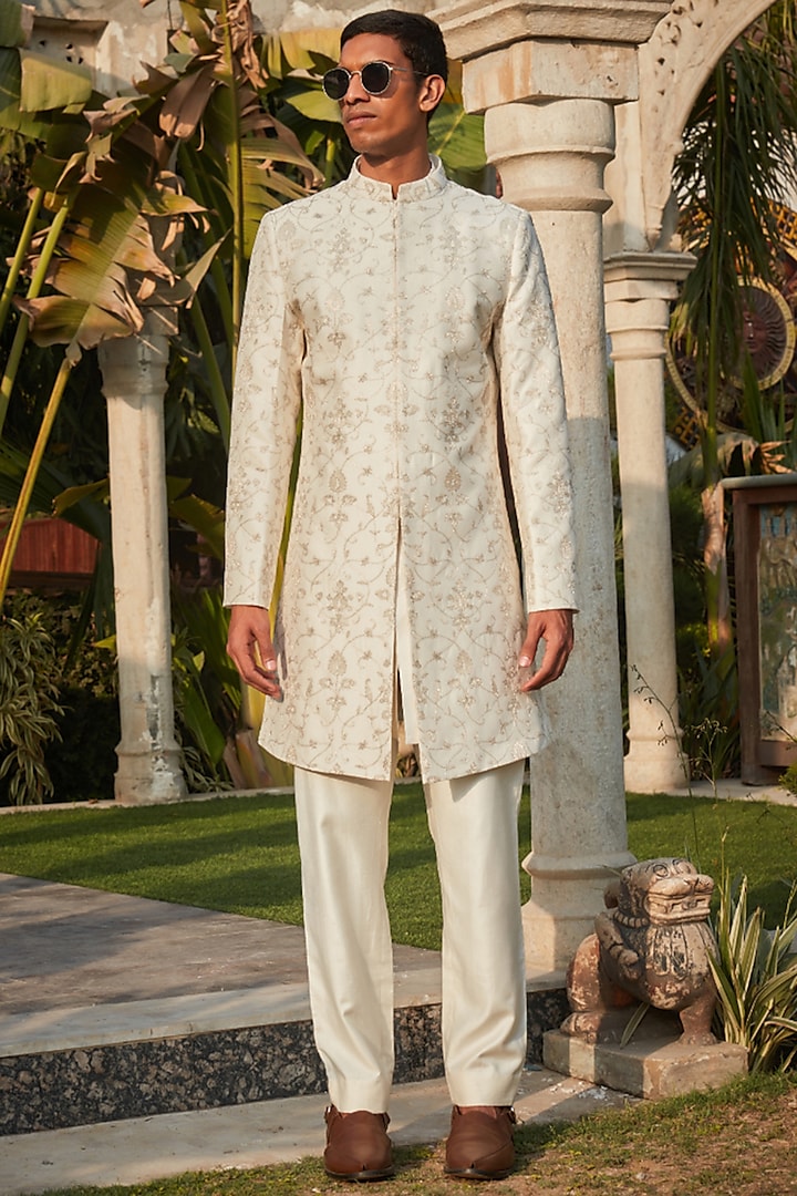 Off- White Georgette Chikanakri Embroidered Wedding Sherwani Set by Bohame Men at Pernia's Pop Up Shop