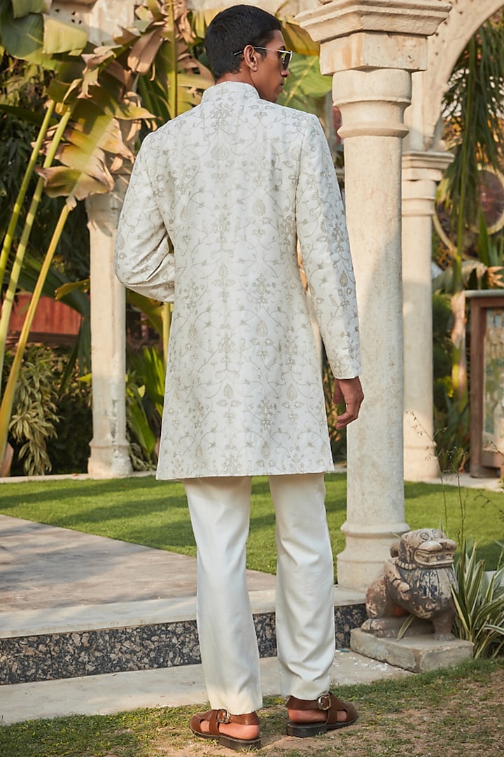 Off- White Georgette Chikanakri Embroidered Wedding Sherwani Set by Bohame Men at Pernia's Pop Up Shop