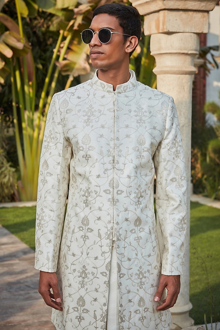 Off- White Georgette Chikanakri Embroidered Wedding Sherwani Set by Bohame Men at Pernia's Pop Up Shop