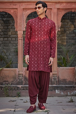 Wine Georgette Chikanakri Embroidered Kurta Set by Bohame Men