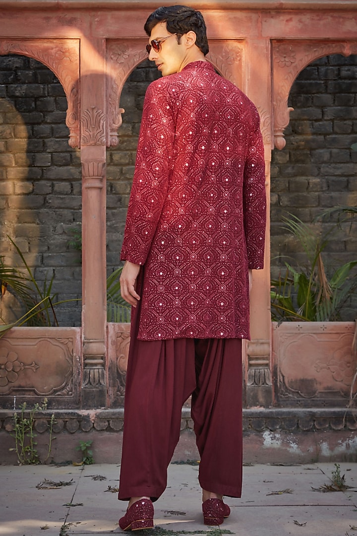Wine Georgette Chikanakri Embroidered Kurta Set by Bohame Men at Pernia's Pop Up Shop