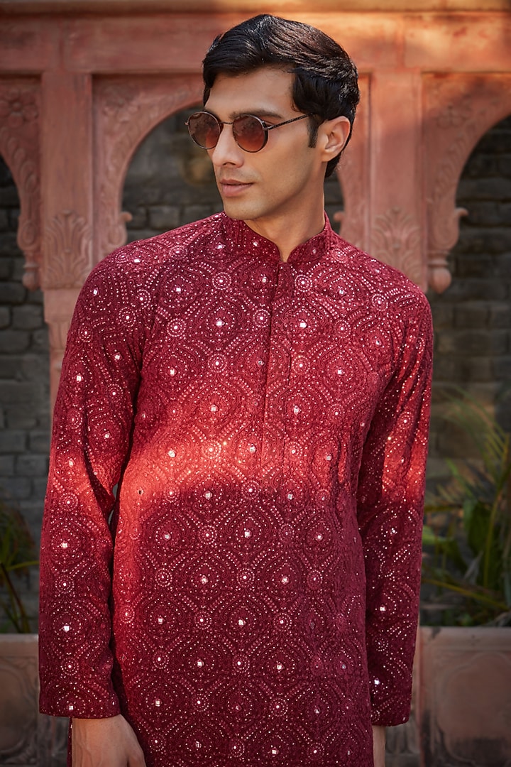 Wine Georgette Chikanakri Embroidered Kurta Set by Bohame Men at Pernia's Pop Up Shop