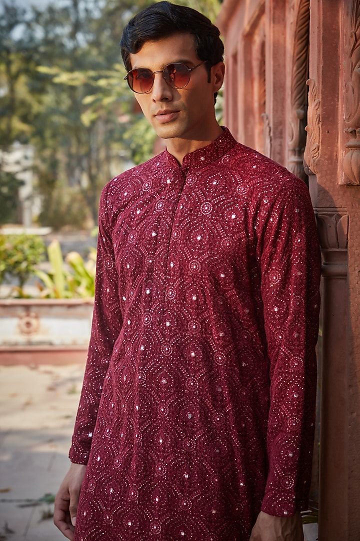 Wine Georgette Chikanakri Embroidered Kurta Set by Bohame Men at Pernia's Pop Up Shop