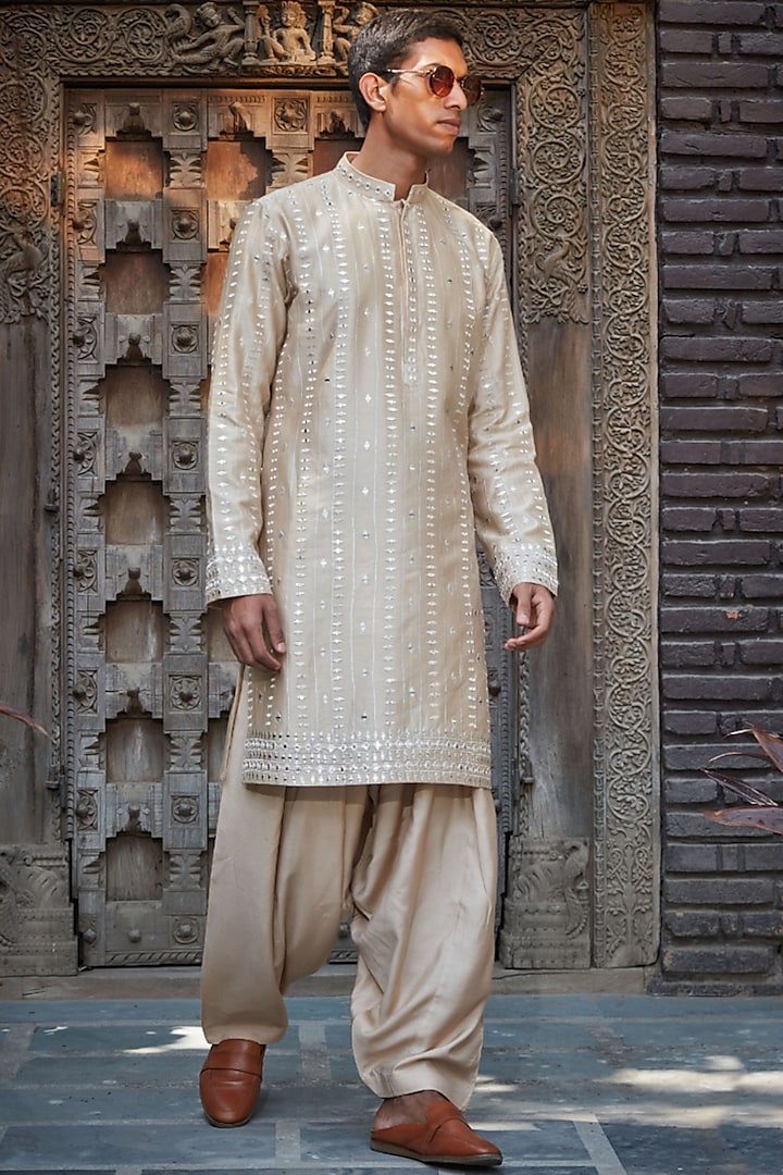 Beige Georgette Chikankari Embroidered Kurta Set by Bohame Men