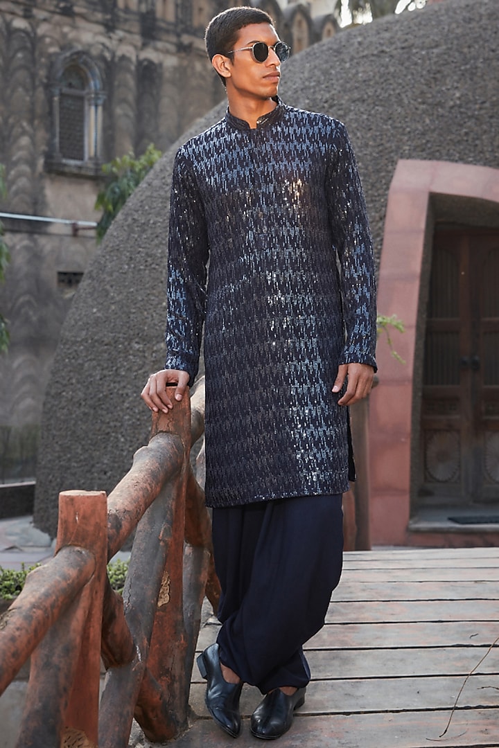 Navy Blue Georgette Sequins Embroidered Kurta Set by Bohame Men