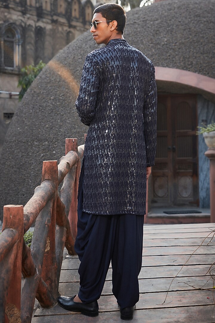 Navy Blue Georgette Sequins Embroidered Kurta Set by Bohame Men at Pernia's Pop Up Shop