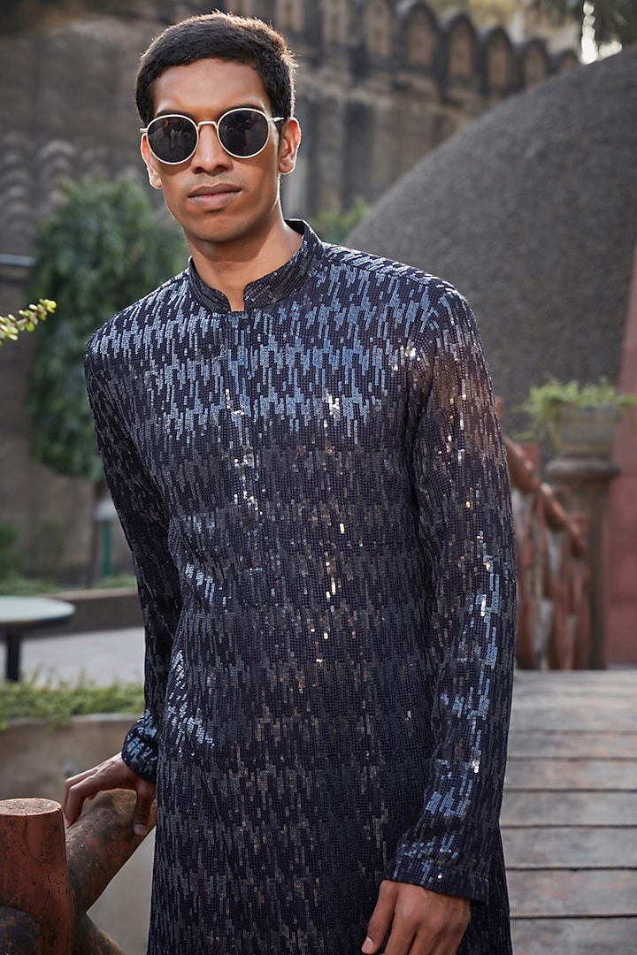 Navy Blue Georgette Sequins Embroidered Kurta Set by Bohame Men at Pernia's Pop Up Shop
