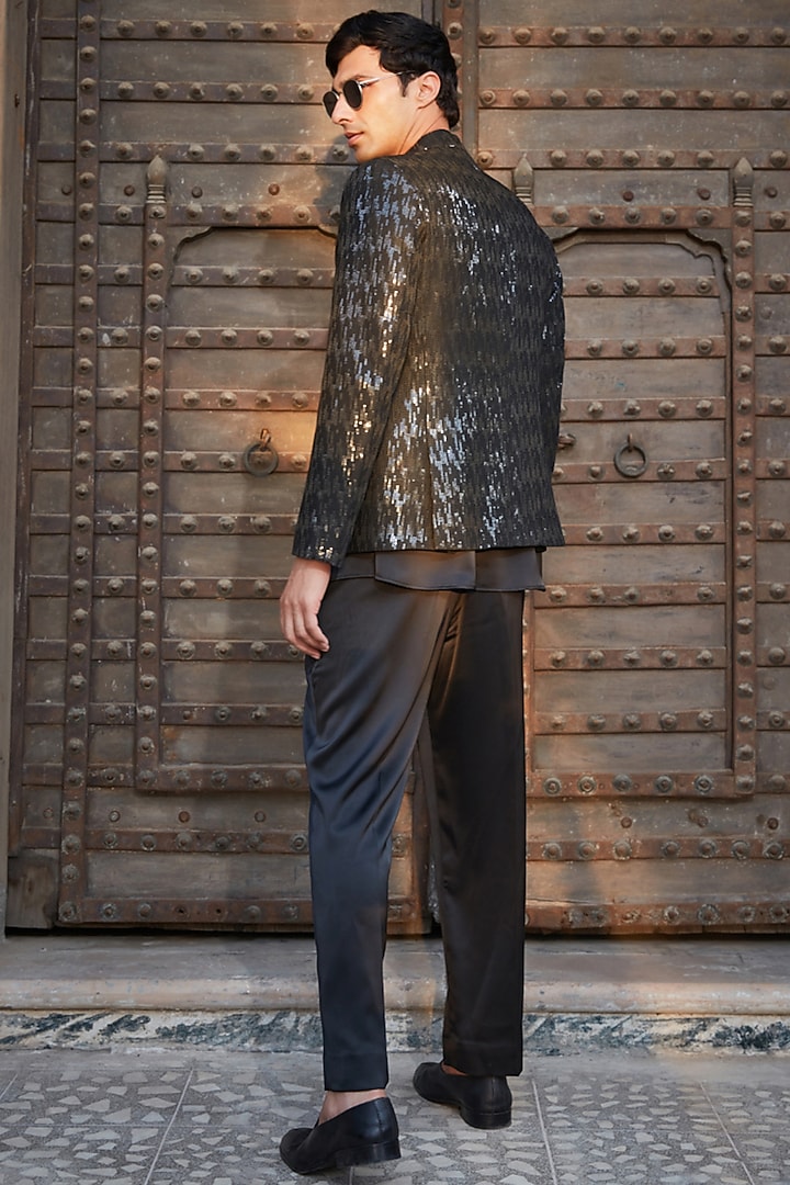 Black Georgette Chikankari Embroidered Wedding Indowestern Set by Bohame Men at Pernia's Pop Up Shop