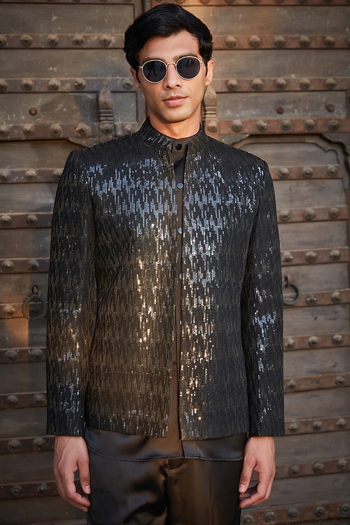 Black Georgette Chikankari Embroidered Wedding Indowestern Set by Bohame Men at Pernia's Pop Up Shop