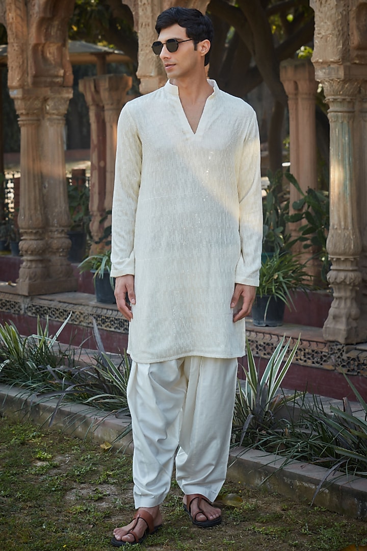 Ivory Georgette Sequins Embroidered Kurta Set by Bohame Men