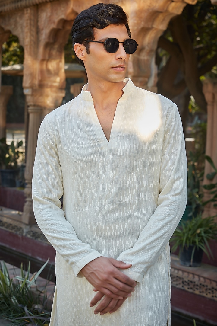 Ivory Georgette Sequins Embroidered Kurta Set by Bohame Men at Pernia's Pop Up Shop