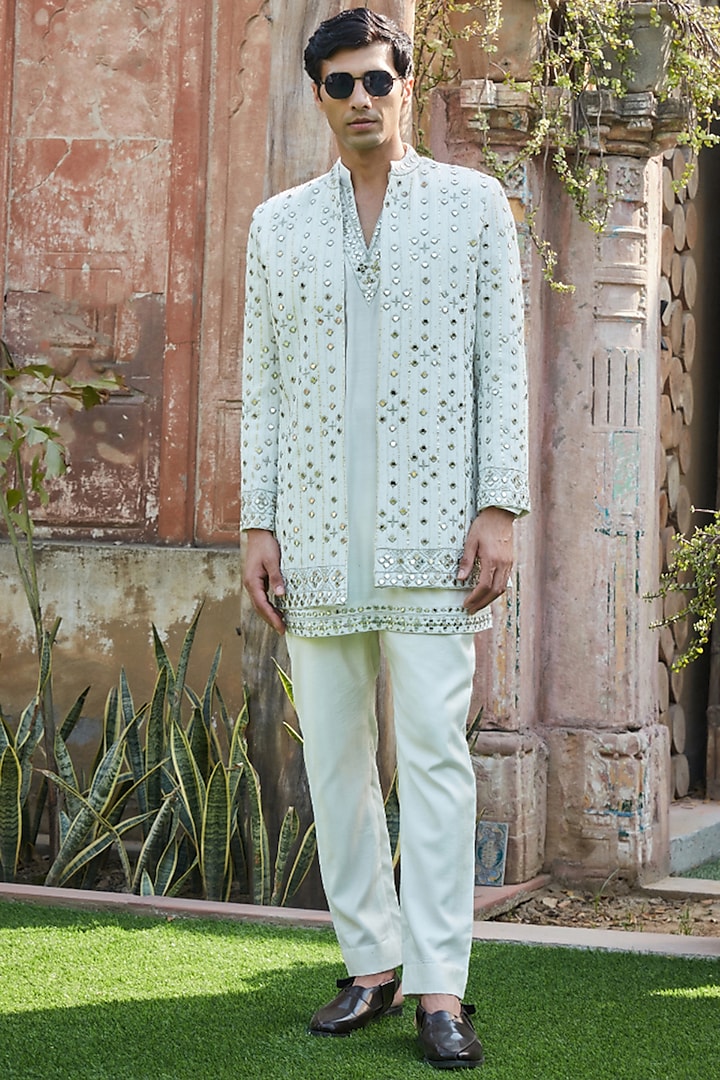 Ivory Georgette Mirror Embroidered Indowestern Set by Bohame Men