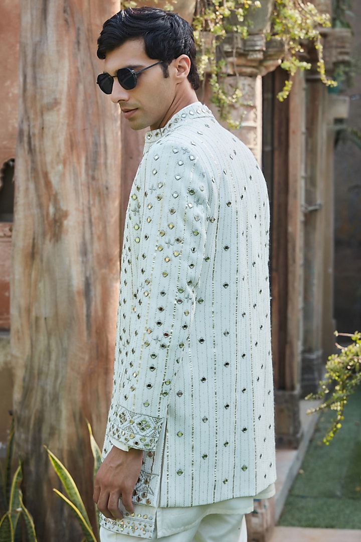 Ivory Georgette Mirror Embroidered Wedding Indowestern Set by Bohame Men at Pernia's Pop Up Shop