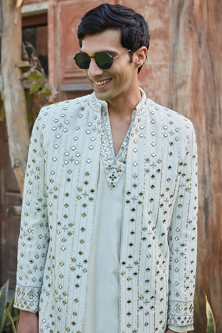 Ivory Georgette Mirror Embroidered Wedding Indowestern Set by Bohame Men at Pernia's Pop Up Shop