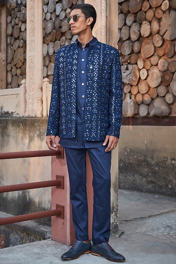 Navy Blue Georgette Mirror Embroidered Indowestern Set by Bohame Men at Pernia's Pop Up Shop