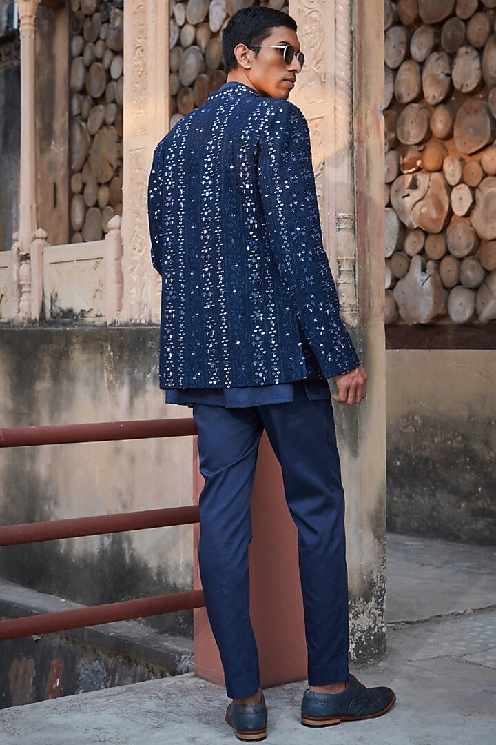 Navy Blue Georgette Mirror Embroidered Wedding Indowestern Set by Bohame Men at Pernia's Pop Up Shop