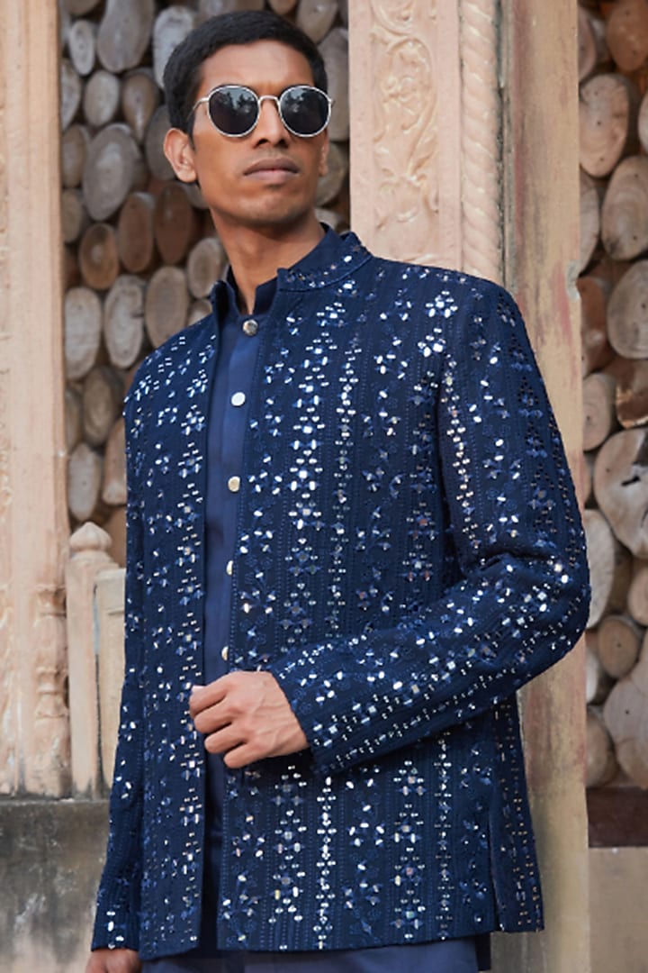 Navy Blue Georgette Mirror Embroidered Wedding Indowestern Set by Bohame Men at Pernia's Pop Up Shop