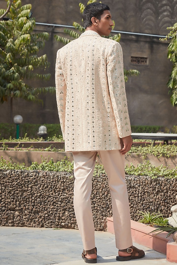 Beige Georgette Mirror Embroidered Wedding Indowestern Set by Bohame Men at Pernia's Pop Up Shop