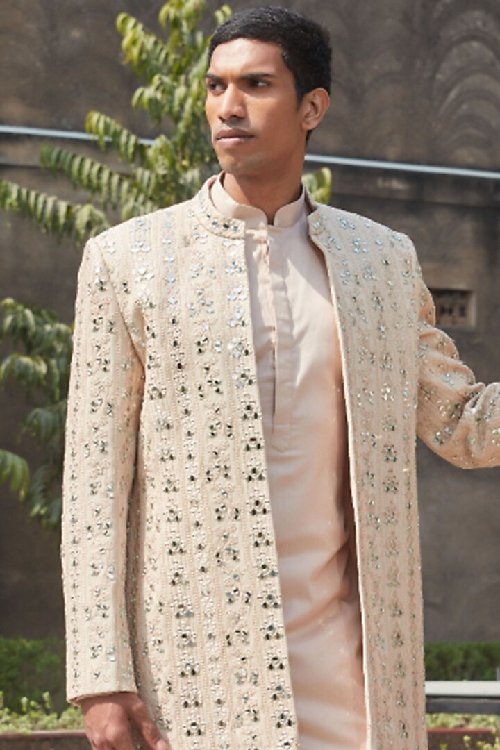 Beige Georgette Mirror Embroidered Wedding Indowestern Set by Bohame Men at Pernia's Pop Up Shop