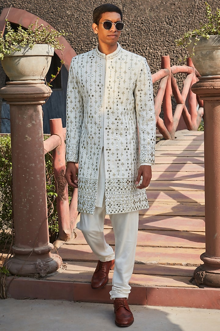 Ivory Georgette Chikankari Embroidered Achkan Jacket Set by Bohame Men