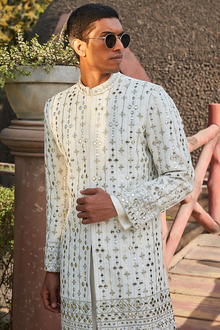 Ivory Georgette Chikankari Embroidered Achkan Jacket Set by Bohame Men at Pernia's Pop Up Shop