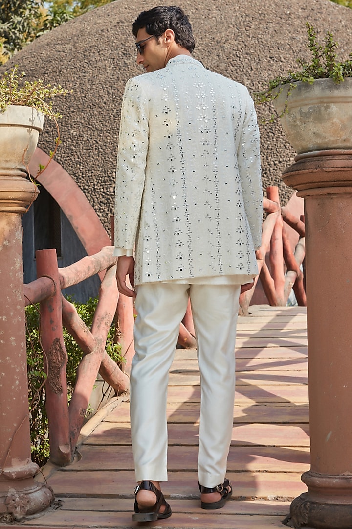 White Georgette Mirror Embroidered Wedding Indowestern Set by Bohame Men at Pernia's Pop Up Shop