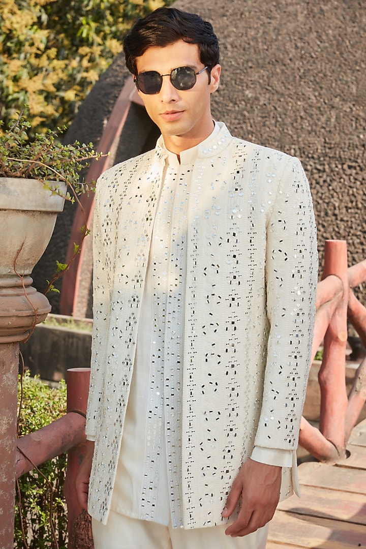 White Georgette Mirror Embroidered Wedding Indowestern Set by Bohame Men at Pernia's Pop Up Shop