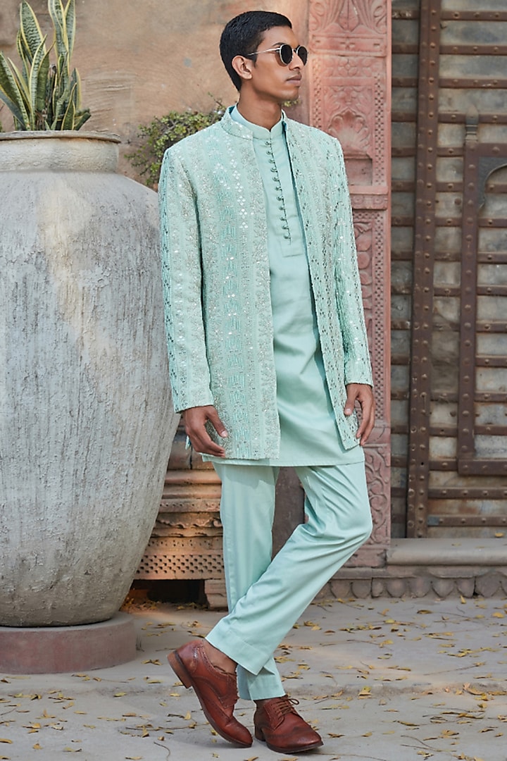 Pastel Green Georgette Chikankari Hand Embroidered Indowestern Set by Bohame Men