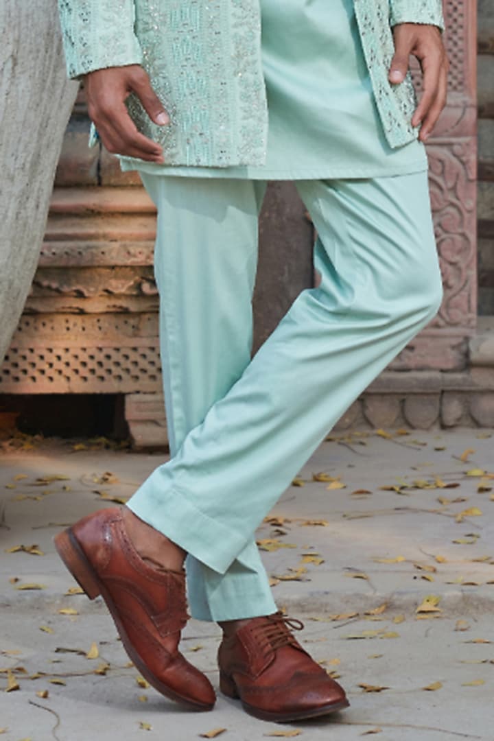 Pastel Green Georgette Chikankari Hand Embroidered Groom Indowestern Set by Bohame Men at Pernia's Pop Up Shop
