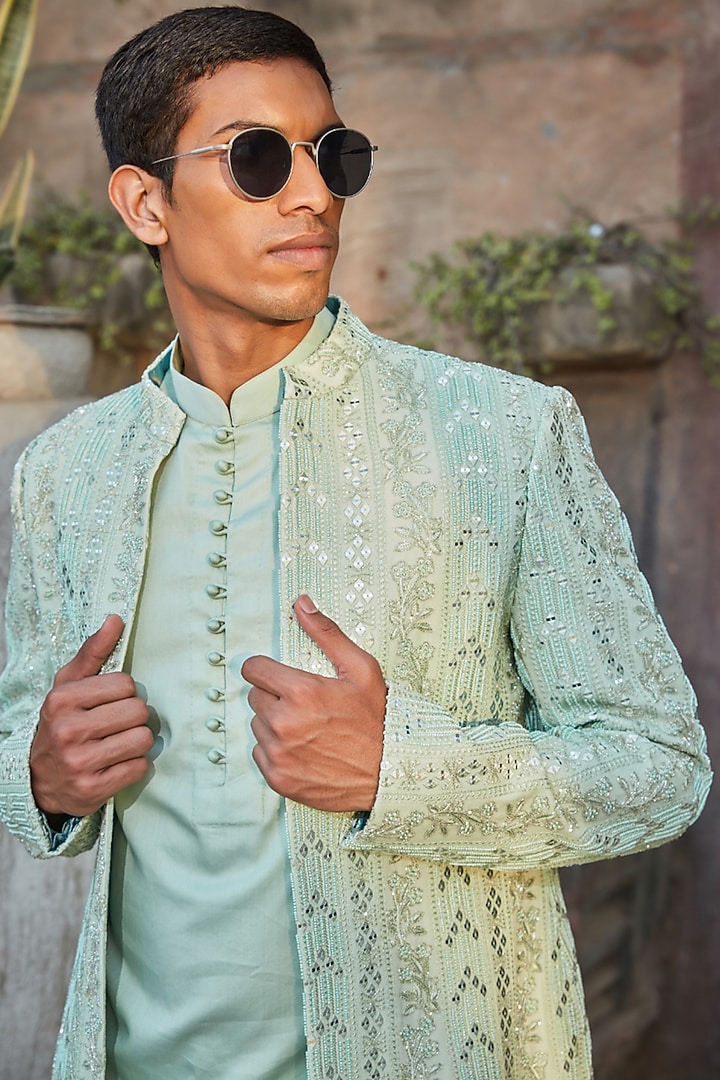 Pastel Green Georgette Chikankari Hand Embroidered Groom Indowestern Set by Bohame Men at Pernia's Pop Up Shop