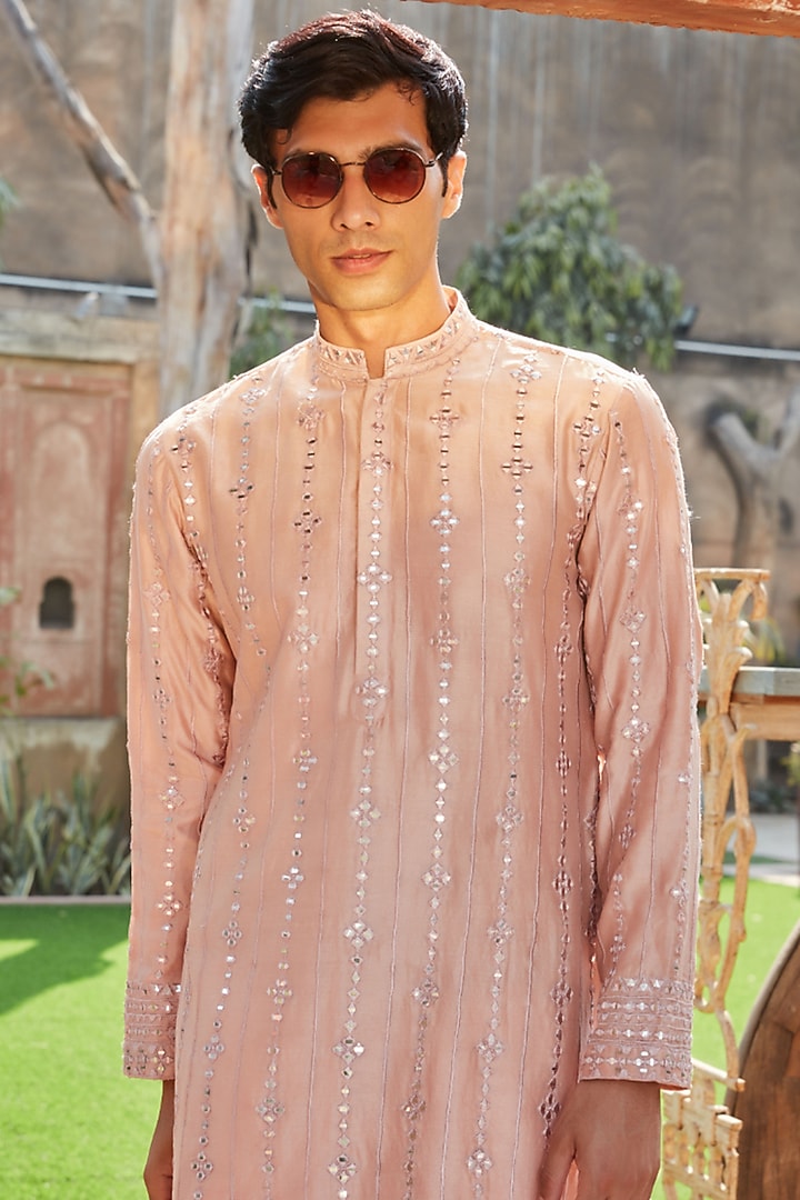 Peach Chanderi Chikankari Embroidered Kurta Set by Bohame Men at Pernia's Pop Up Shop