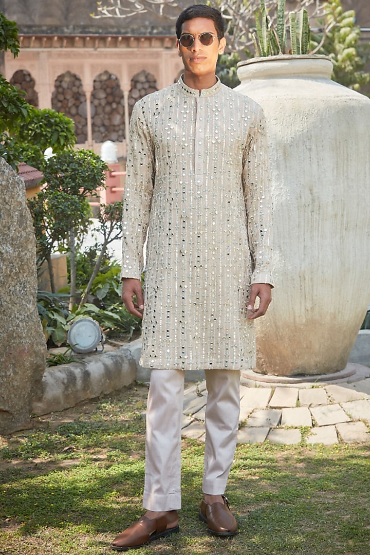 Beige Georgette Mirror Embroidered Kurta Set by Bohame Men