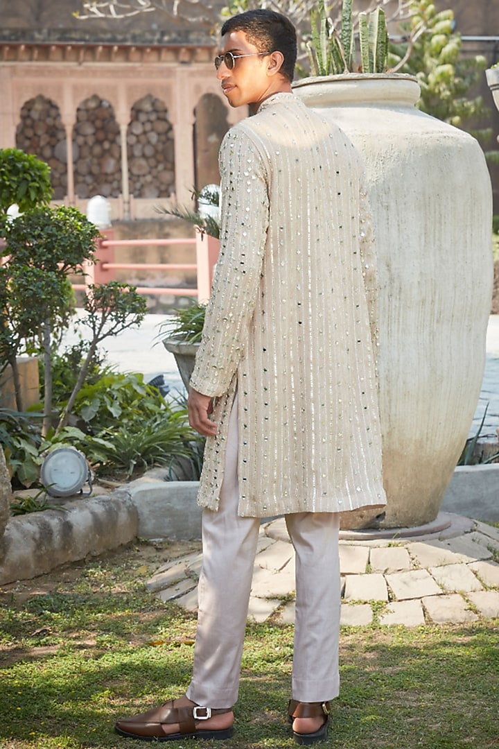 Beige Georgette Mirror Embroidered Kurta Set by Bohame Men at Pernia's Pop Up Shop