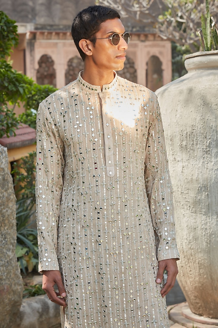 Beige Georgette Mirror Embroidered Kurta Set by Bohame Men at Pernia's Pop Up Shop