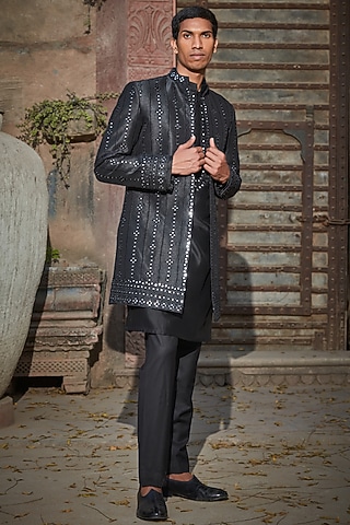 Black Dupion Mirror Embroidered Indowestern Set by Bohame Men