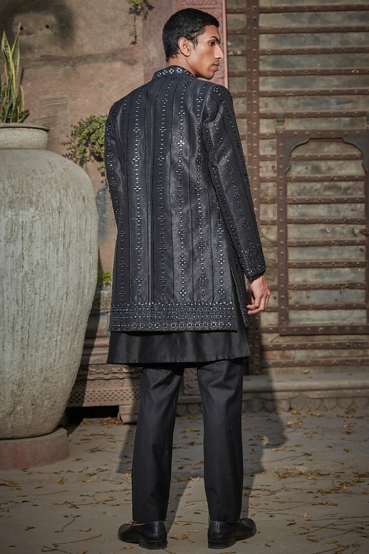Black Dupion Mirror Embroidered Wedding Indowestern Set by Bohame Men at Pernia's Pop Up Shop