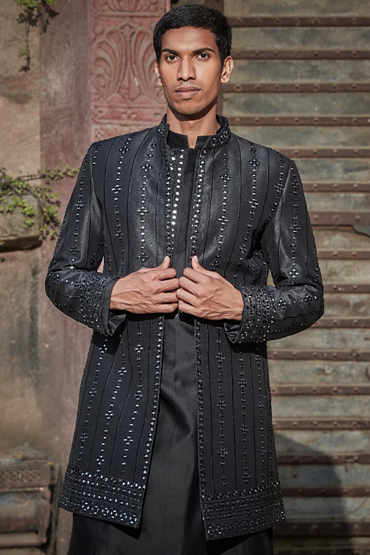 Black Dupion Mirror Embroidered Wedding Indowestern Set by Bohame Men at Pernia's Pop Up Shop