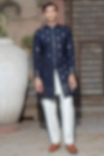 Navy Blue Tussar Silk Chikankari Embroidered Achkan Jacket Set by Bohame Men at Pernia's Pop Up Shop