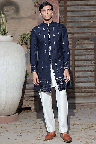 Navy Blue Tussar Silk Chikankari Embroidered Achkan Jacket Set by Bohame Men