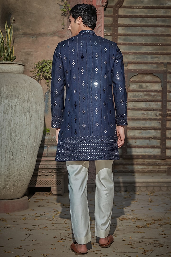 Navy Blue Tussar Silk Chikankari Embroidered Achkan Jacket Set by Bohame Men at Pernia's Pop Up Shop