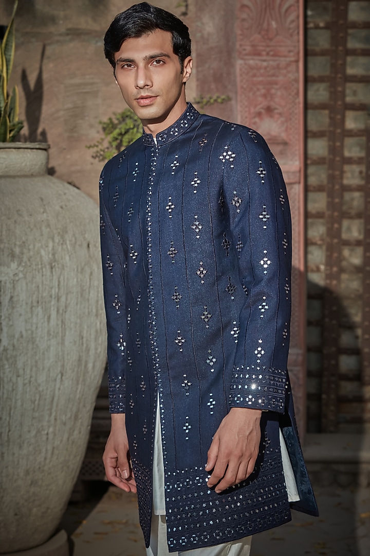 Navy Blue Tussar Silk Chikankari Embroidered Achkan Jacket Set by Bohame Men at Pernia's Pop Up Shop