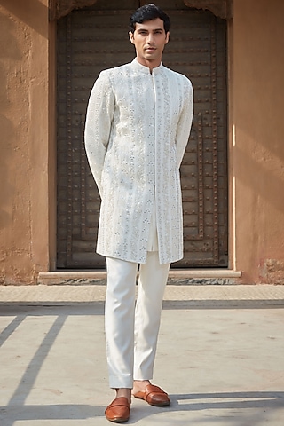 Ivory Tussar Silk Chikankari Embroidered Sherwani Set by Bohame Men