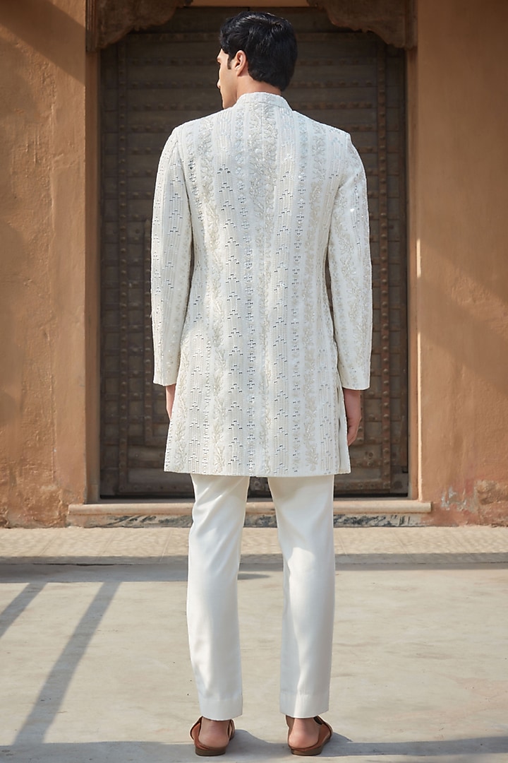 Ivory Tussar Silk Chikankari Embroidered Groom Sherwani Set by Bohame Men at Pernia's Pop Up Shop