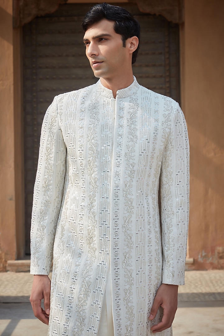 Ivory Tussar Silk Chikankari Embroidered Groom Sherwani Set by Bohame Men at Pernia's Pop Up Shop